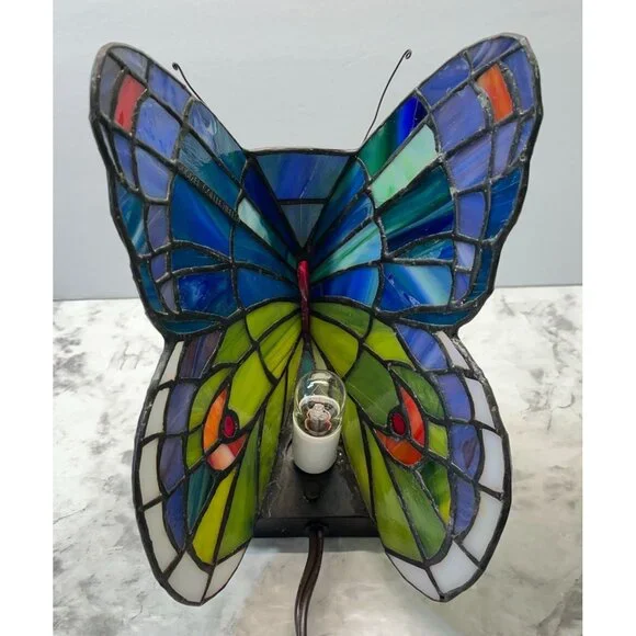 Tiffany Style Butterfly Accent Lamp Night Light Vintage Slag Glass Rose Base - Picture 10 of 16